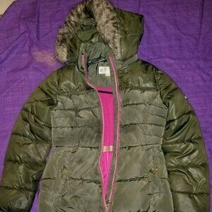 Dark Gray/Green Michael Kors Winter Young Gir Coat w/Faux Fur Pre-Owned Small 14